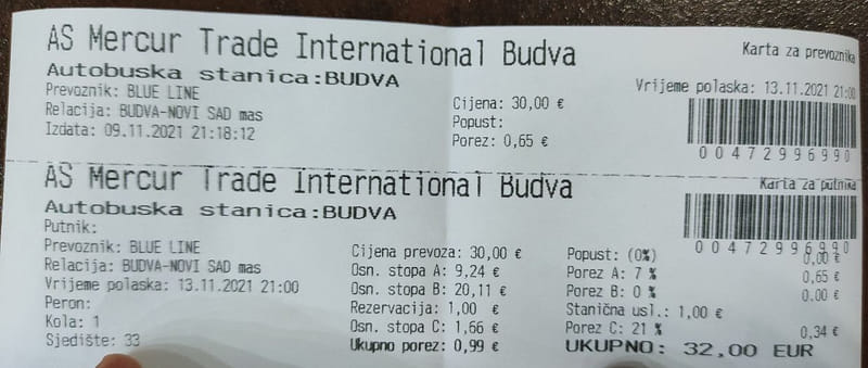 билет на автобус в Будве (Черногории)